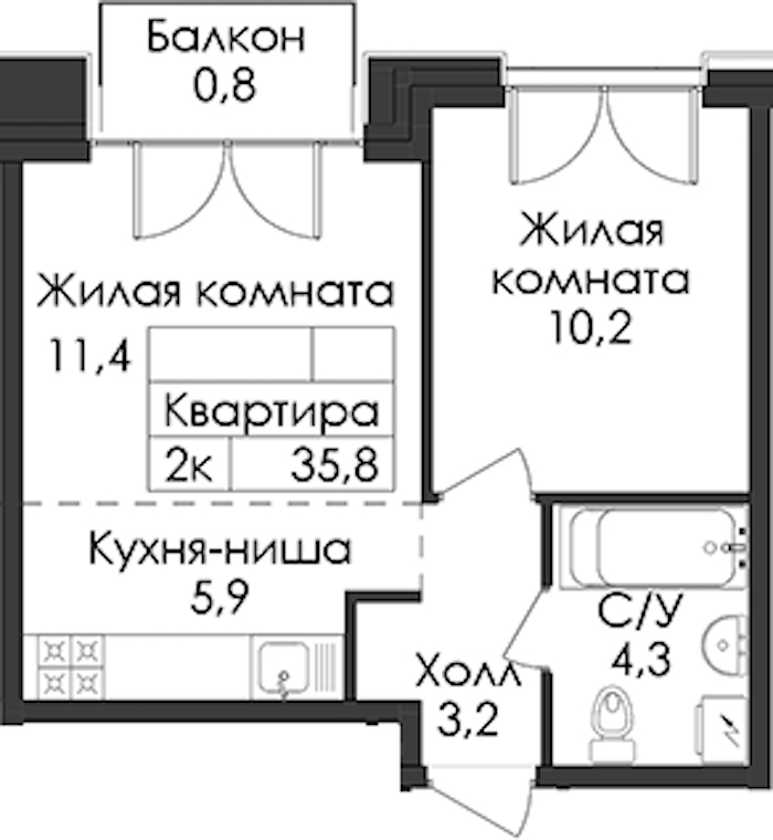 1-комнатная квартира 35.8 м², 7/9 эт., ЖК «Лермонтовский 54»